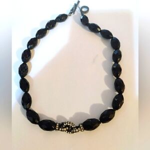 Black Faceted Glass Hand Knotted Rhinestone Toggle Necklace